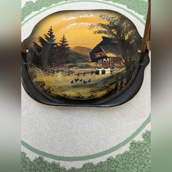 Vintage Hand painted in Germany serving plate with rattan handle. EUC . Cottage. - Picture 2 of 5